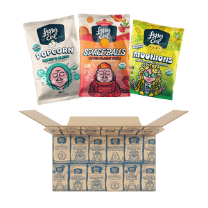 Three colorful snacks hover above an open Flavor-FULL Snacks Box filled with LesserEvil Snacks treats.