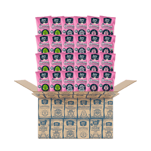 A 24-pack of LesserEvil Snacks Halloween Himalayan Pink Organic Popcorn snack bags is stacked in an open box against a white background.
