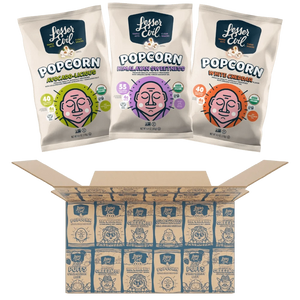 Three bags of LesserEvil Snacks The Classics Popcorn Box are displayed above an open box filled with individually packed popcorn bags.