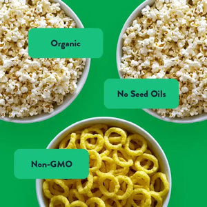 The Snacktime Box from LesserEvil Snacks features Himalayan Gold Popcorn (Organic, No Seed Oils) and Intergalactic Onion Moonions (Non-GMO) on a green background.