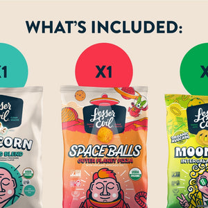 The Flavor-FULL Snacks Box by LesserEvil Snacks features Homer’s Blend Popcorn, Outer Planet Pizza Space Balls, and Intergalactic Onion Moonions with included quantities.