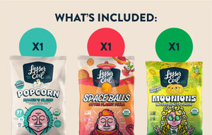 The Flavor-FULL Snacks Box by LesserEvil Snacks features Homer’s Blend Popcorn, Outer Planet Pizza Space Balls, and Intergalactic Onion Moonions with included quantities.