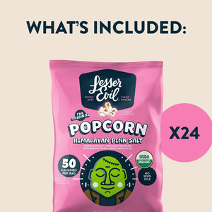 A 24 Pack of LesserEvil Snacks Snack Size Halloween Himalayan Pink Organic Popcorn is shown with “WHAT’S INCLUDED: X24” on a cream background.