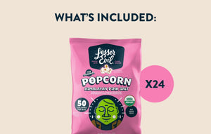 A 24 Pack of LesserEvil Snacks Snack Size Halloween Himalayan Pink Organic Popcorn is shown with “WHAT’S INCLUDED: X24” on a cream background.
