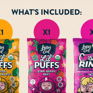 The Lil Favorites Kids Snacks Box by LesserEvil Snacks includes Broccoli Cheddar Blast Lil’ Puffs, Star-Berry Beet Lil’ Puffs, and Berry Blast Cosmic Rings.