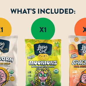 The LesserEvil Snacks Snacktime Box features three snack bags, each with a cartoon character and an “X1” label above.