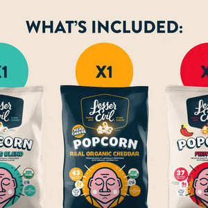 The Big Flavor Popcorn Box by LesserEvil Snacks includes three bags—Homer’s Blend, Real Organic Cheddar, and Fiery Hot Popcorn—one of each flavor shown under What’s included.