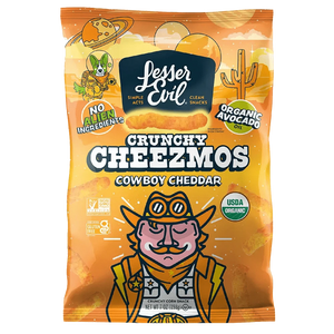 Grab a bag of LesserEvil Cowboy Cheddar Cheezmos—organic, gluten-free snacks made with avocado oil, featuring cheesy cowboy fun and interstellar flavor for your next snacking mission.