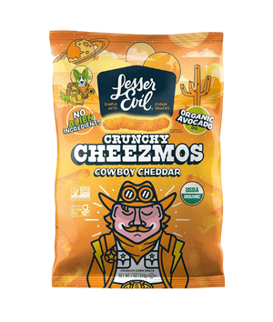 Grab a bag of LesserEvil Cowboy Cheddar Cheezmos—organic, gluten-free snacks made with avocado oil, featuring cheesy cowboy fun and interstellar flavor for your next snacking mission.