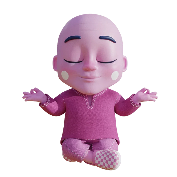 A bald, cartoon-style character with closed eyes sits cross-legged, smiling peacefully, and holding hands out in a meditative pose. The character wears a purple outfit.