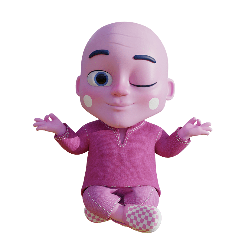 3D cartoon baby with pink skin and clothes, sitting cross-legged, winking, and holding hands up in a shrugging gesture.