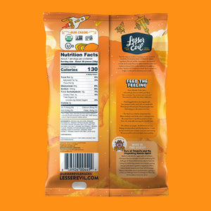 Back of a LesserEvil Cowboy Cheddar Cheezmos bag, featuring nutrition facts, brand info, and rockets on orange—ideal for your interstellar snacking mission.