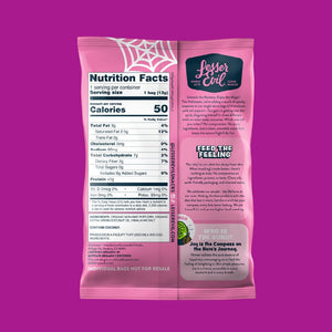 A pink snack-size bag of LesserEvil Snacks 24 Pack Halloween Himalayan Pink Organic Popcorn, with a white spiderweb, sits on a purple background. Ingredients and brand story are visible.