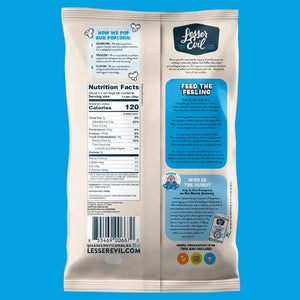 The back of an Oh My Ghee! Gourmet Popcorn bag by OrganicPopcorn features nutrition facts, ghees Ayurvedic benefits, ingredients, brand story, and a barcode on a blue background.