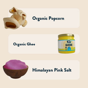 Three items: Oh My Ghee! Gourmet Popcorn by OrganicPopcorn, a yellow jar of Organic Ghee, and a wooden bowl of Himalayan Pink Salt on a beige background.