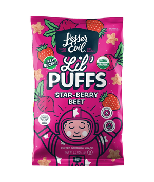 A pink bag of LesserEvil Star-Berry Beet Lil Puffs, a berrylicious snack with 0g added sugar, features strawberries, stars, and a smiling astronaut on the front.