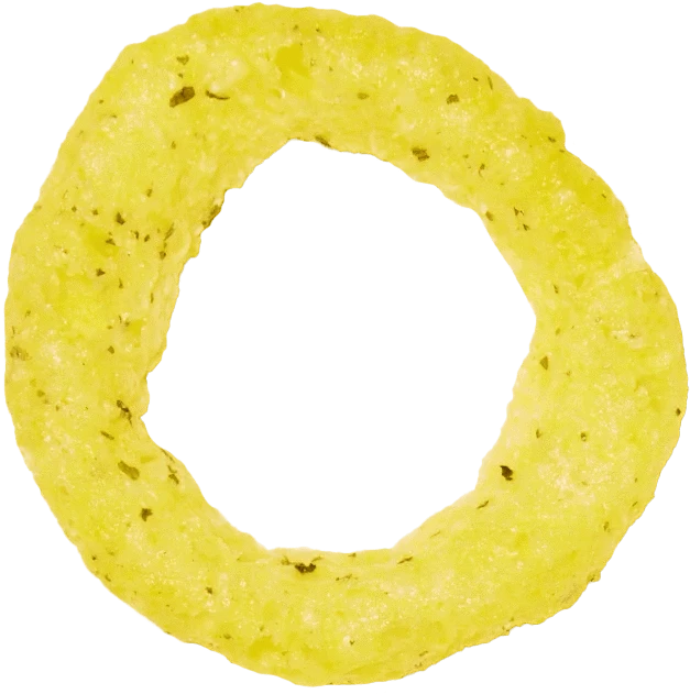 A single yellow, ring-shaped potato chip with a slightly rough texture and specks of seasoning.