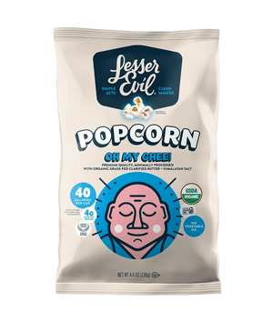 A bag of OrganicPopcorn Oh My Ghee! Gourmet Popcorn with a cartoon face, calorie info, USDA organic label, and a clean cream-colored design.