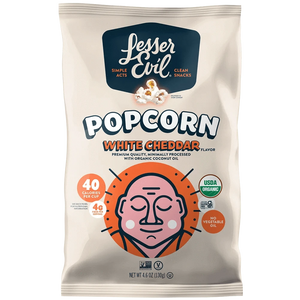 A bag of OrganicPopcorn Organic White Cheddar Flavor Popcorn with a stylized meditating face, product details, and organic certification on a white background.