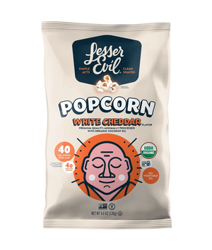 A bag of OrganicPopcorn Organic White Cheddar Flavor Popcorn with a stylized meditating face, product details, and organic certification on a white background.