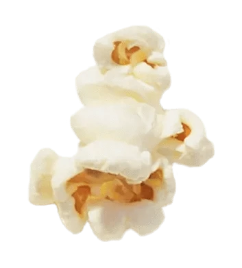 A close-up of a single piece of popped popcorn with a light, fluffy texture and slightly golden center, isolated on a transparent background.