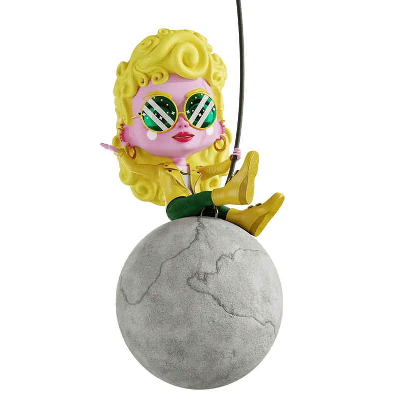 A colorful doll with yellow hair, sunglasses, and yellow boots swings on a large gray ball, resembling a playful version of the wrecking ball pose.