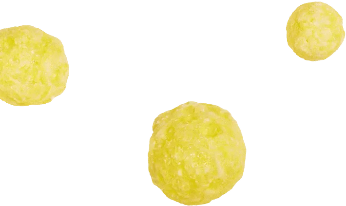 Three yellow cheese balls are floating against a transparent background, with one large cheese ball in the center and two smaller ones in the upper corners.