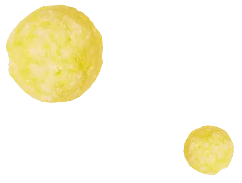 Two yellow cheese balls, one large and one small, on a transparent background.