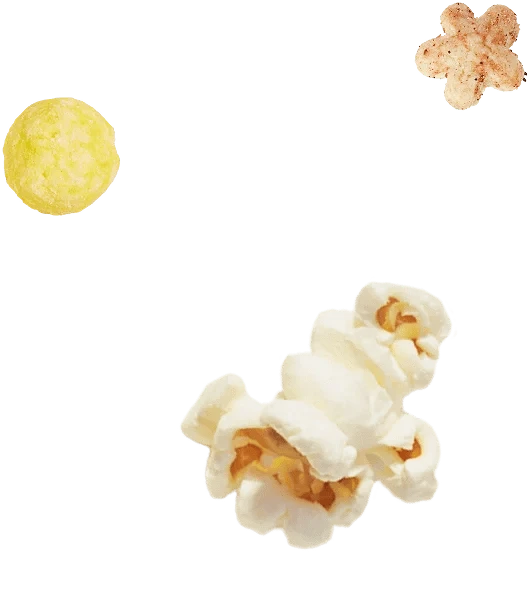 A cluster of popcorn, a round yellow cheese puff, and a star-shaped piece coated with seasoning on a transparent background.