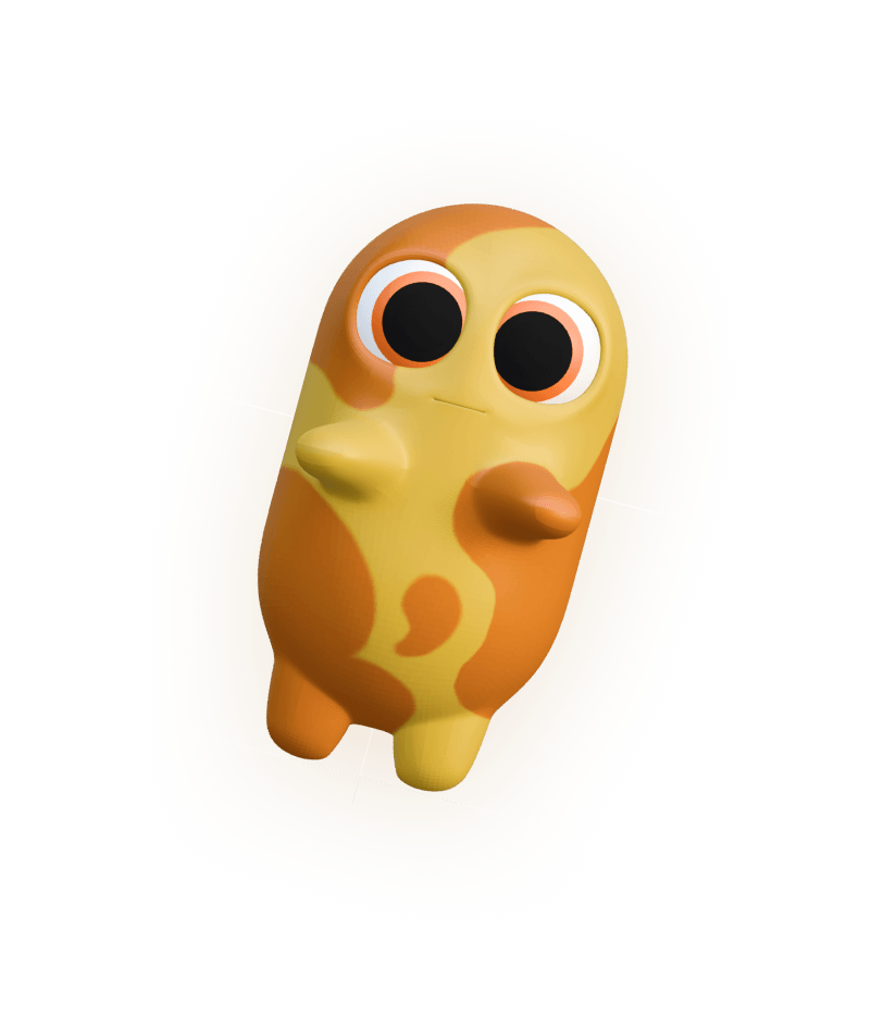 A cute, rounded yellow and orange character with large, black eyes and small arms, standing against a light-colored background.