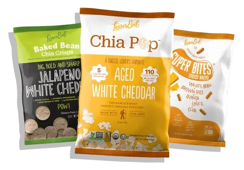 Three snack bags are shown: Jalapeno White Cheddar Baked Bean Crisps, Aged White Cheddar Chia Pop popcorn, and Crispy Nacho Power Bites from LesserEvil.