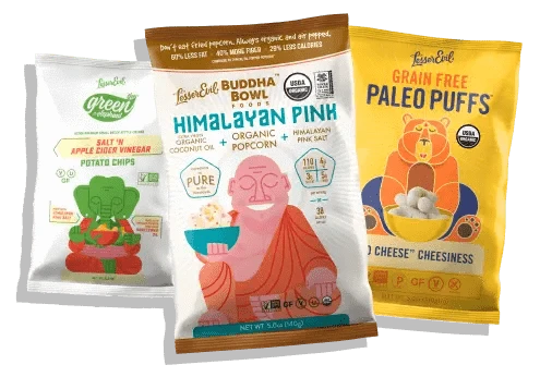 Three snack bags featuring illustrated Buddhist monks: potato chips, Himalayan pink popcorn, and grain-free paleo puffs, all from the Lesser Evil brand.