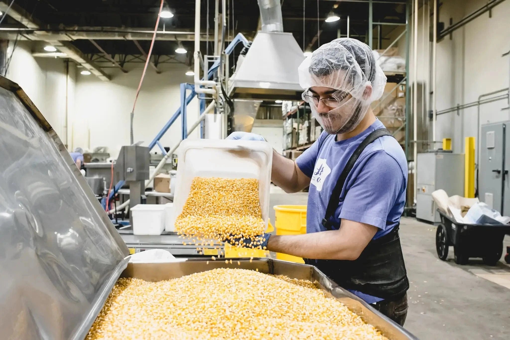 A worker in a hairnet and gloves pours corn kernels from a container into a large metal bin inside a food processing facility.
