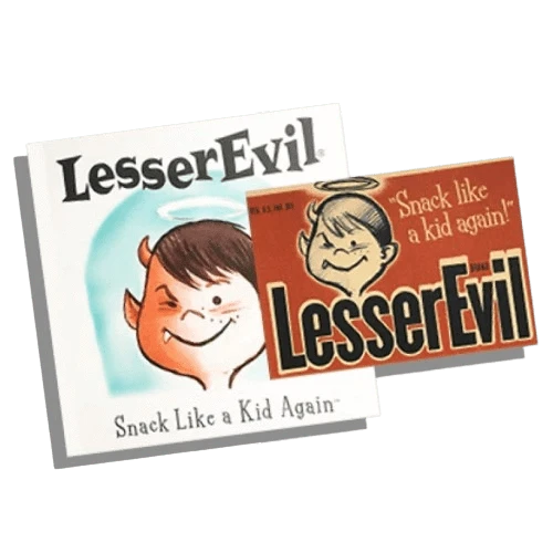 Two snack packages with cartoon devil kids, one white and one orange, both labeled Lesser Evil and the slogan Snack Like a Kid Again.