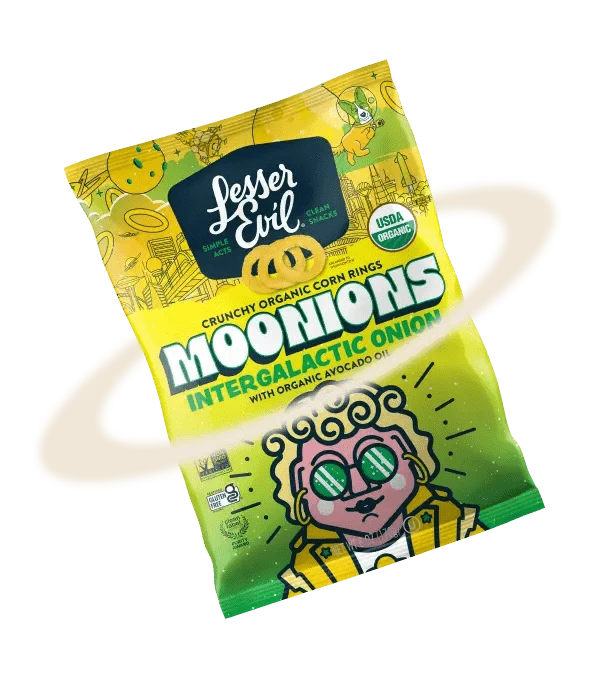 A bag of Lesser Evil Mooniolis Intergalactic Onion organic corn rings with a cartoon astronaut character and cosmic-themed design.
