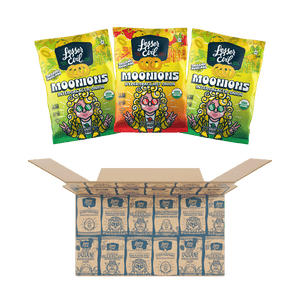 Three colorful bags of Rheas Recos Moonions by LesserEvil Snacks sit above an open box, highlighting their crunchy bites and playful packaging.