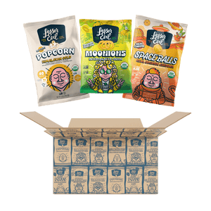 Three LesserEvil Snacks—Himalayan Gold Popcorn, Intergalactic Onion Moonions, and Organic Cheddar Space Balls—float above an open Snacktime Box.