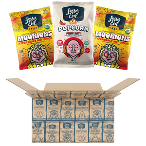 Three vibrant snack bags—two Hyperspace Hot Onion Moonions and one Fiery Hot Popcorn—rest above an open A Little Spice Snacks Box from LesserEvil Snacks, ready to spice up your snacking.
