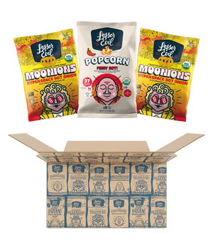 Three vibrant snack bags—two Hyperspace Hot Onion Moonions and one Fiery Hot Popcorn—rest above an open A Little Spice Snacks Box from LesserEvil Snacks, ready to spice up your snacking.