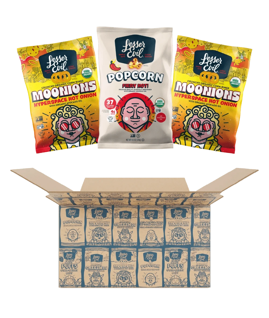 Three vibrant snack bags—two Hyperspace Hot Onion Moonions and one Fiery Hot Popcorn—rest above an open A Little Spice Snacks Box from LesserEvil Snacks, ready to spice up your snacking.