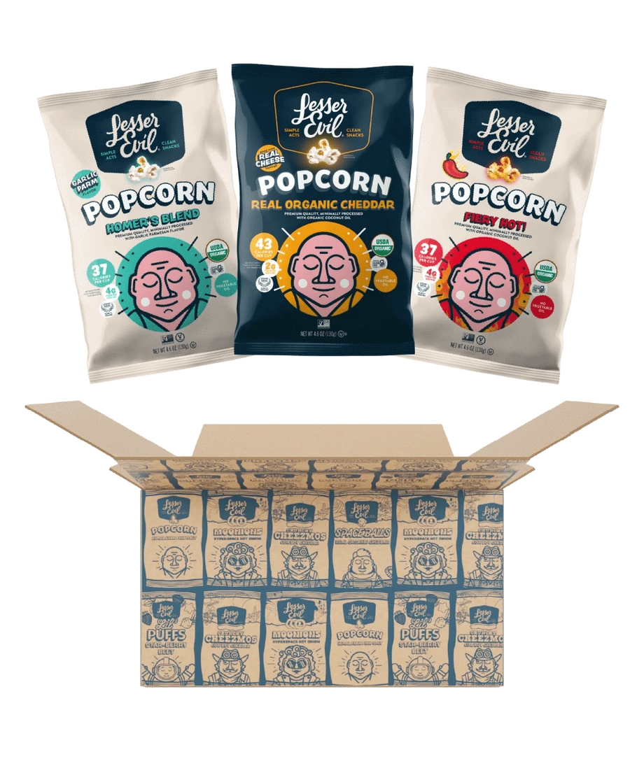 Three bags of LesserEvil Snacks Big Flavor Popcorn Box sit above an open box filled with multiple smaller popcorn bags neatly arranged in rows.