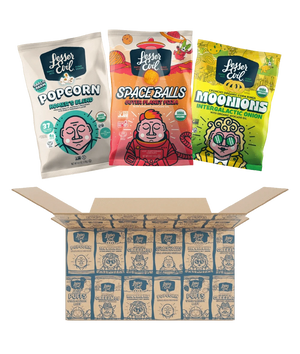 Three colorful snack packs rest above an open LesserEvil Snacks Flavor-FULL Snacks Box filled with individually wrapped treats.