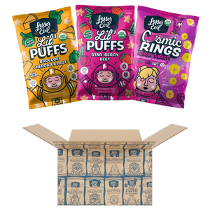 Three bags of LesserEvil Snacks’ Lil Favorites Kids Snacks sit above an open branded shipping box.
