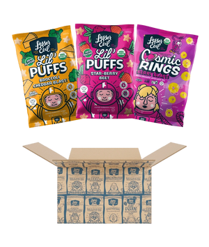 Three bags of LesserEvil Snacks’ Lil Favorites Kids Snacks sit above an open branded shipping box.