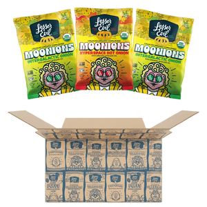 Three bags of LesserEvil Snacks Moonions sit above a Rheas Recos Moonions Box, which is filled with an assortment of snack bags.