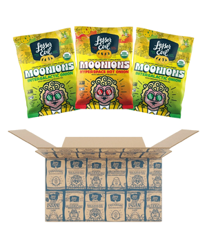 Three bags of LesserEvil Snacks Moonions sit above a Rheas Recos Moonions Box, which is filled with an assortment of snack bags.