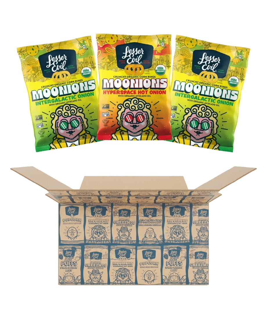 Three bags of LesserEvil Snacks Moonions sit above a Rheas Recos Moonions Box, which is filled with an assortment of snack bags.