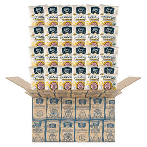 Open cardboard box with multiple snack-sized bags of LesserEvil Snacks Himalayan Gold Organic Popcorn – 24 Pack, in blue and white packaging with popcorn graphics on a green background.