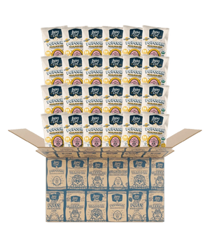 Open cardboard box with multiple snack-sized bags of LesserEvil Snacks Himalayan Gold Organic Popcorn – 24 Pack, in blue and white packaging with popcorn graphics on a green background.