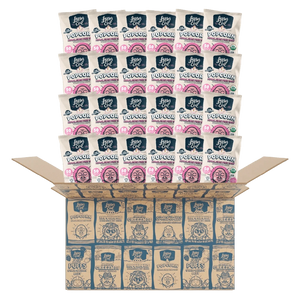 An open box shows 24 snack-sized bags of LesserEvil Snacks Himalayan Pink Salt Organic Popcorn, stacked neatly for ultimate convenience.